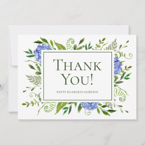 Blue Hydrangeas Watercolor Name Thank You Card