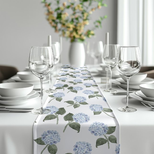 Blue Hydrangeas Watercolor Short Table Runner (Hydrangea Table Runner)