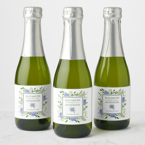 Blue Hydrangeas Watercolor Wedding Sparkling Wine Label