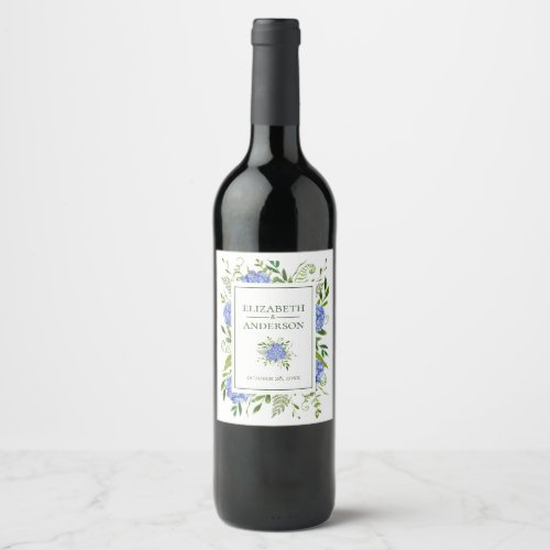 Blue Hydrangeas Watercolor Wedding Wine Label