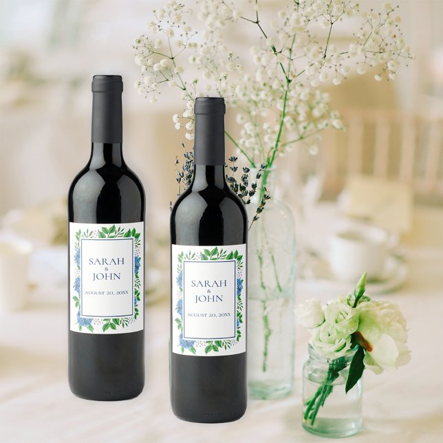 Blue Hydrangeas Watercolor Wedding Wine Label (Creator Uploaded)