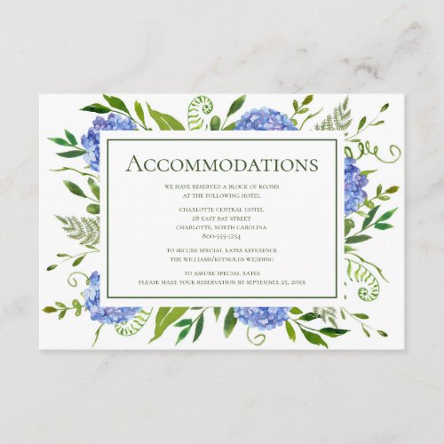 Blue Hydrangeas Wedding Accommodations Enclosure Card