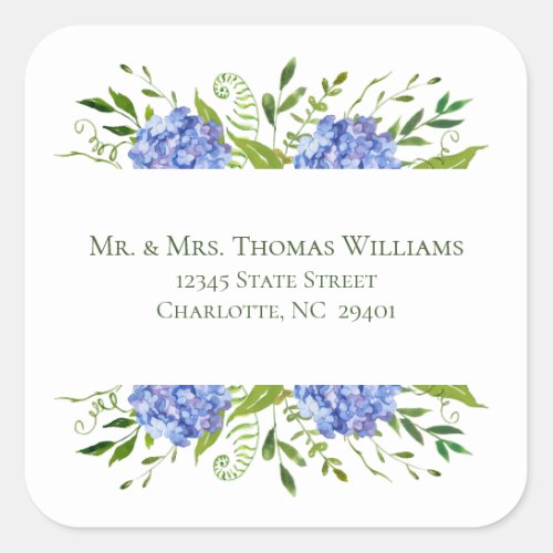 Blue Hydrangeas Wedding Address Square Sticker