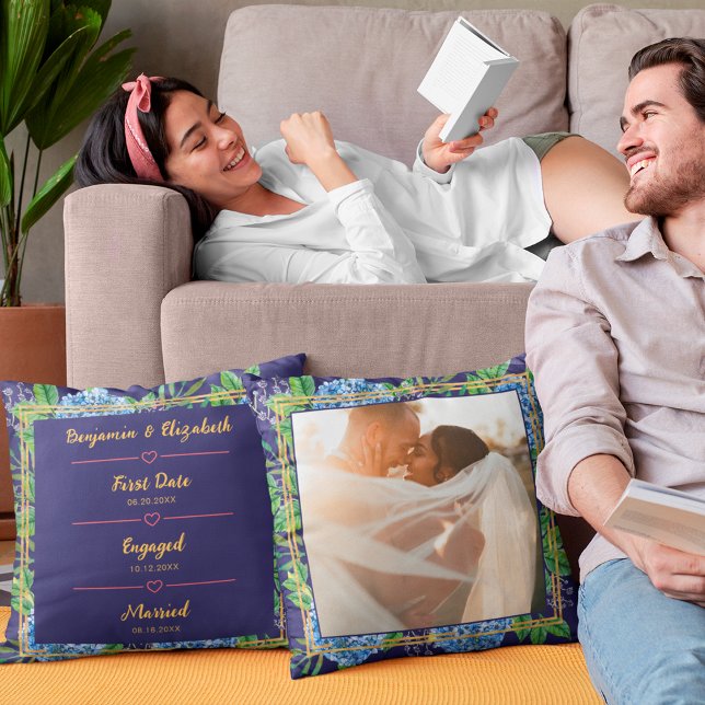 Blue Hydrangeas Wedding Anniversary Custom Photo Throw Pillow (Creator Uploaded)