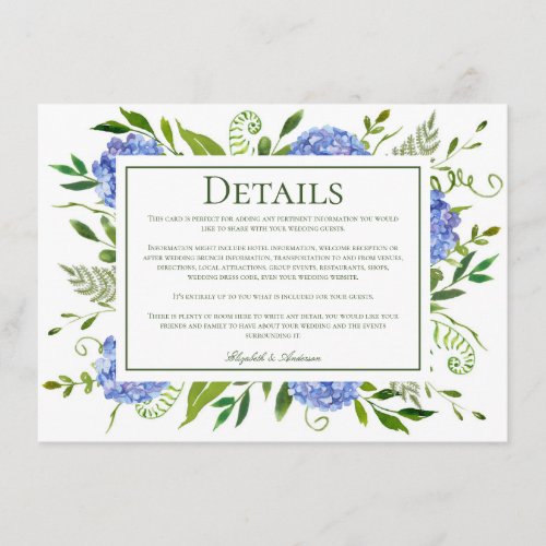 Blue Hydrangeas Wedding Details Enclosure Card