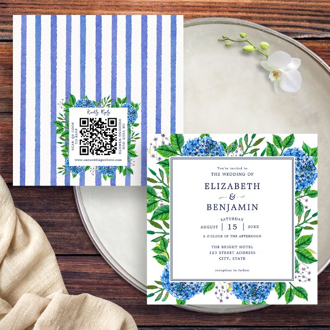 Blue Hydrangeas Wedding Invitation With QR Code (Front / Back)