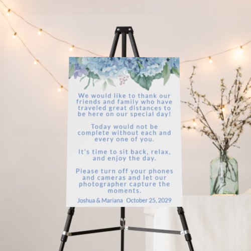 Blue Hydrangeas Wedding Message Photo on Back Foam Board
