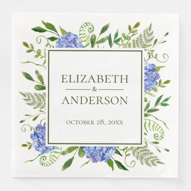 Blue Hydrangeas Wedding Paper Dinner Napkins (Front)