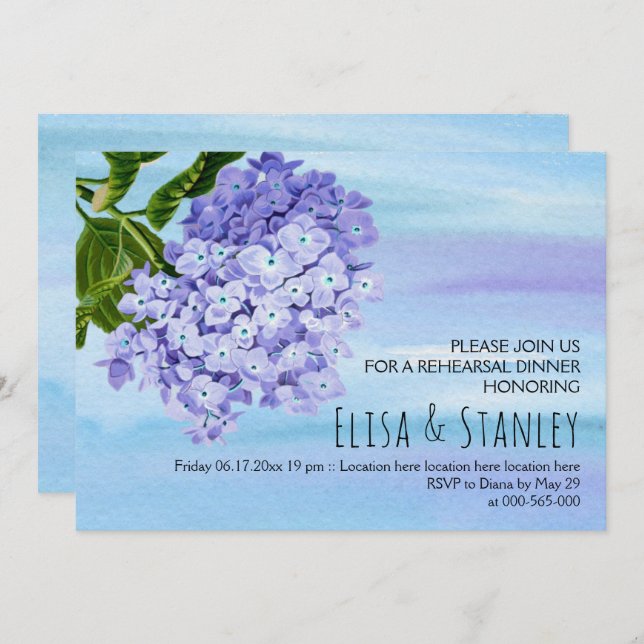Blue hydrangeas wedding rehearsal dinner invitation (Front/Back)