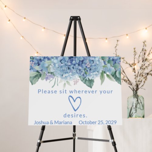 Blue Hydrangeas Wedding Sign Photo on Back