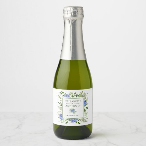 Blue Hydrangeas Wedding Sparkling Wine Label
