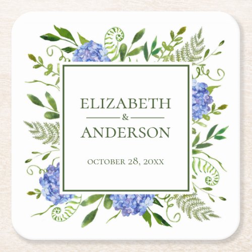 Blue Hydrangeas Wedding Square Paper Coaster