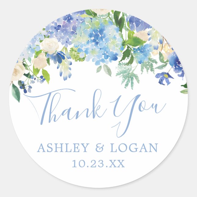 Blue Hydrangeas Wedding Thank You Favor Sticker (Front)