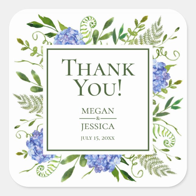 Blue Hydrangeas Wedding Thank You Square Sticker (Front)