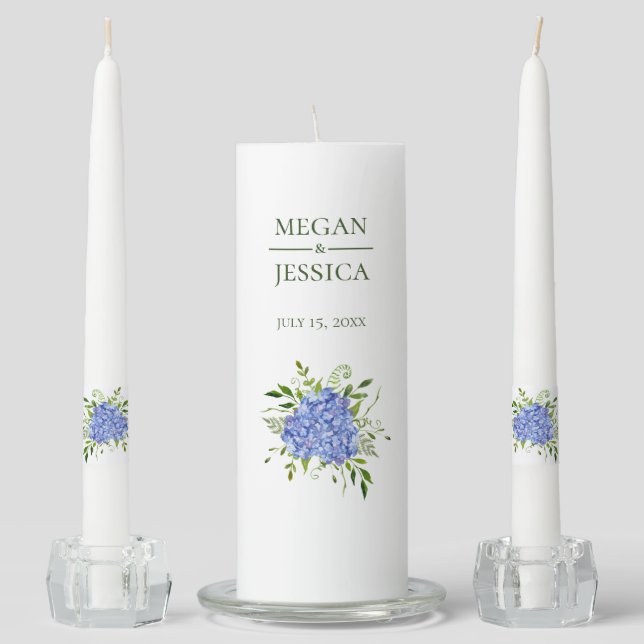 Blue Hydrangeas Wedding Unity Candle Set (Front)