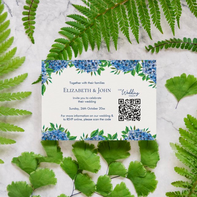 Blue Hydrangeas Wedding Website QR Code RSVP Enclosure Card (Creator Uploaded)