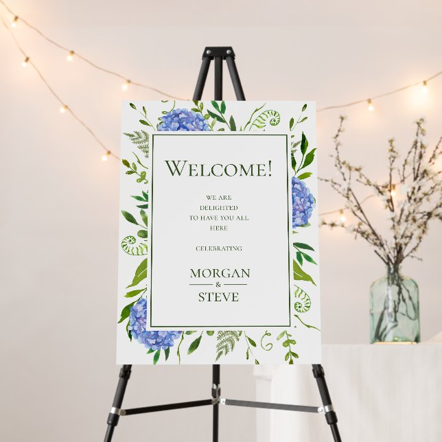 Blue Hydrangeas Wedding Welcome Foam Board (In Situ (Stand))