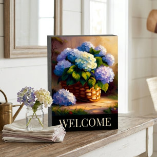 Blue Hydrangeas Welcome Wooden Box Sign