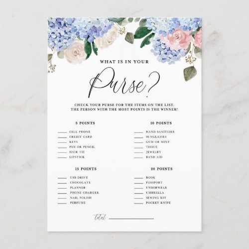 Blue Hydrangeas Whats In Your Purse Game Card