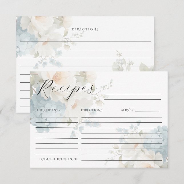 Blue Hydrangeas White Peonies Elegant Recipe Card (Front/Back)