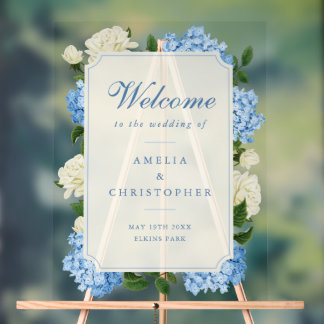 Blue Hydrangeas White Roses Wedding Welcome Sign