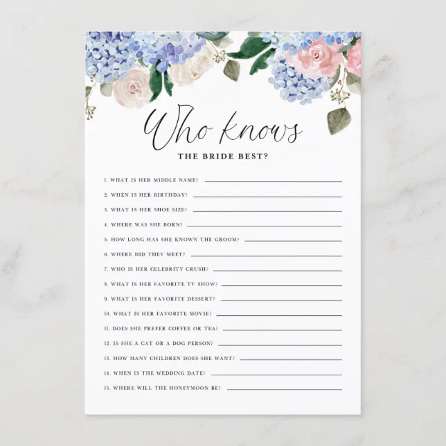 Blue Hydrangeas Who Knows the Bride Best Game Card | Zazzle