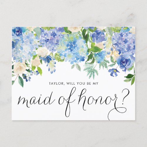 Blue Hydrangeas Will You Be My Maid of Honor Invitation Postcard