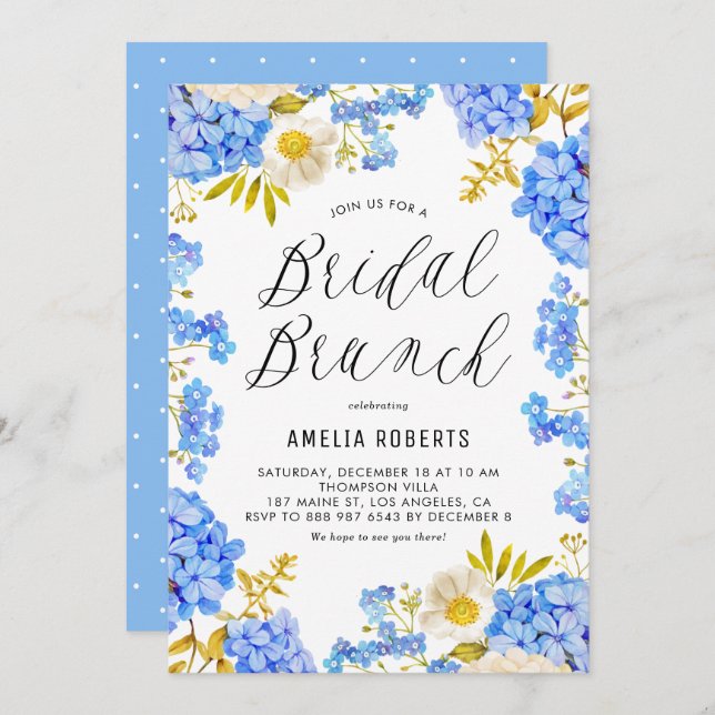 Blue Hydrangeas Winter Floral Bridal Brunch Invitation (Front/Back)