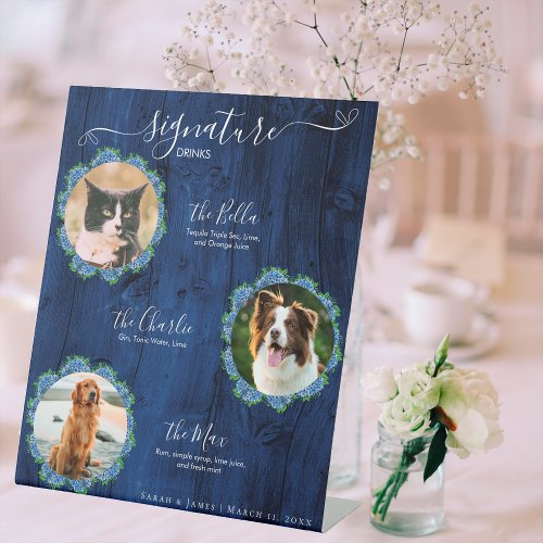 Blue Hydrangeas Wood 3 Photo Signature Pet Drink Pedestal Sign