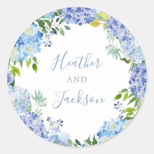 Blue Hydrangeas Wreath Wedding Round Sticker