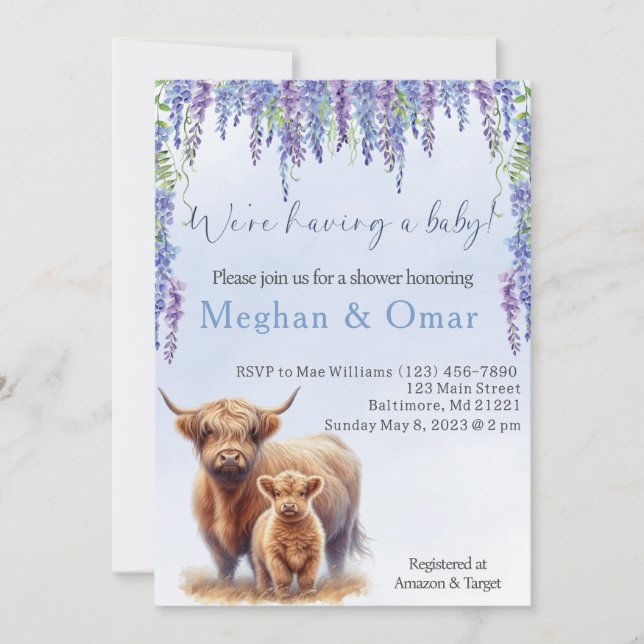 Blue Hyrdrangeas gender neutral Highland cow  Invitation (Front)
