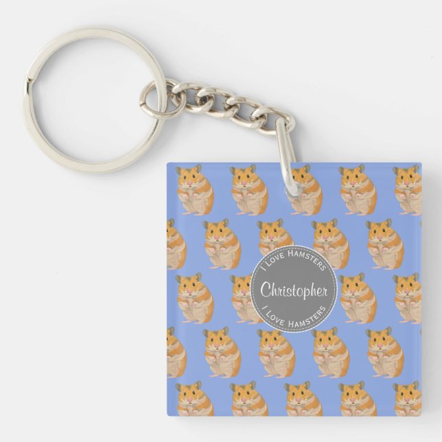 Blue I love Hamsters Hamster Pattern Keychain (Front)