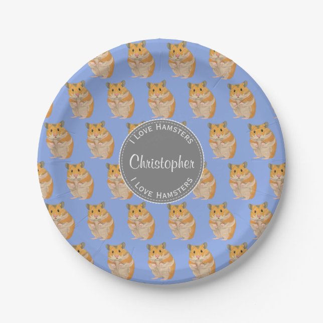 Blue I love Hamsters Hamster Pattern Paper Plates (Front)