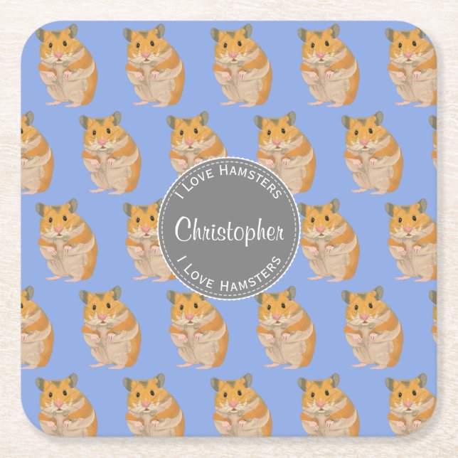 Blue I love Hamsters Hamster Pattern Square Paper Coaster (Front)