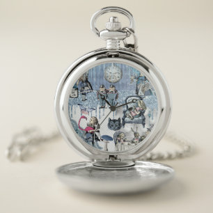 Blue Ice Alice in Wonderland Glitter Pocket Watch