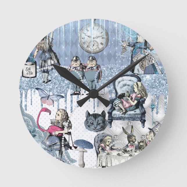 Blue Ice Alice in Wonderland Glitter Round Clock (Front)