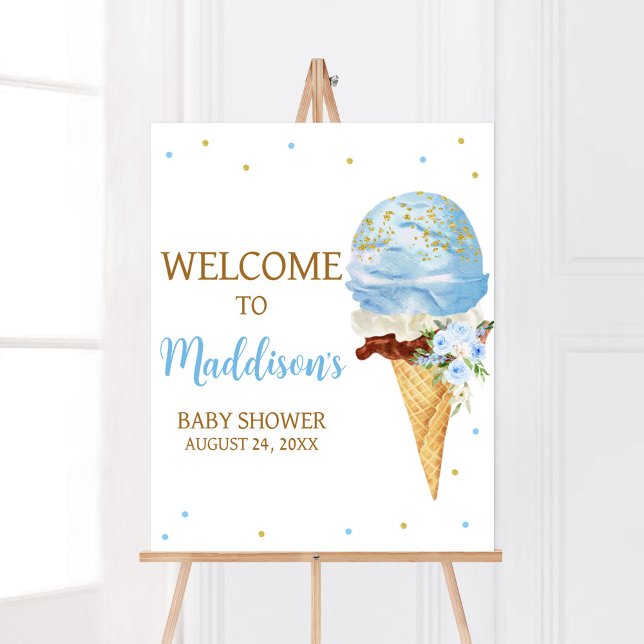 Blue Ice Cream Baby Shower Welcome Poster (Here's the Scoop Baby Shower Welcome Sign)