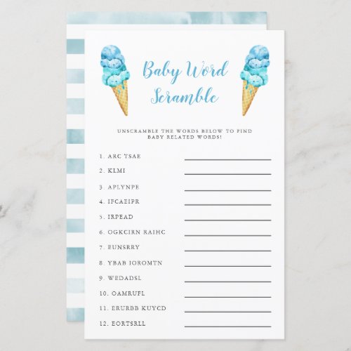 Blue Ice Cream Baby Word Scramble Game