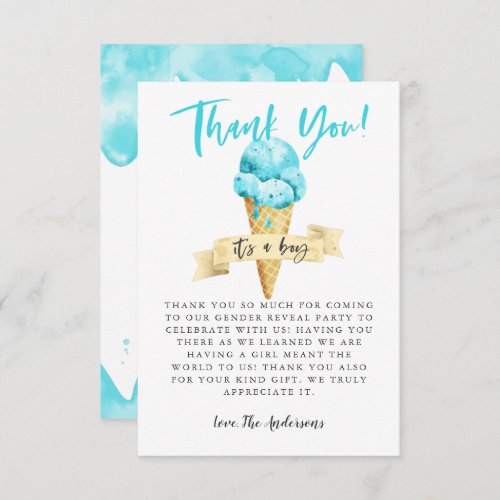 Blue Ice Cream Boy Gender Reveal Party Thank You Card