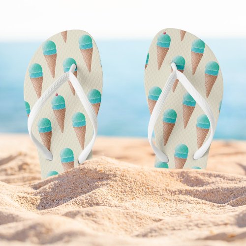 Blue Ice Cream Cone Pattern Light Yellow Flip Flops