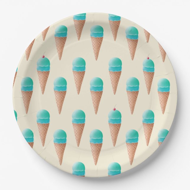 Blue Ice Cream Cone Pattern, Light Yellow Paper Plates (Front)