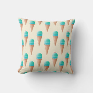 Blue Ice Cream Cone Pattern, Light Yellow Throw Pillow