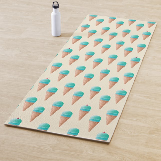 Blue Ice Cream Cone Pattern, Light Yellow Yoga Mat (In Situ)
