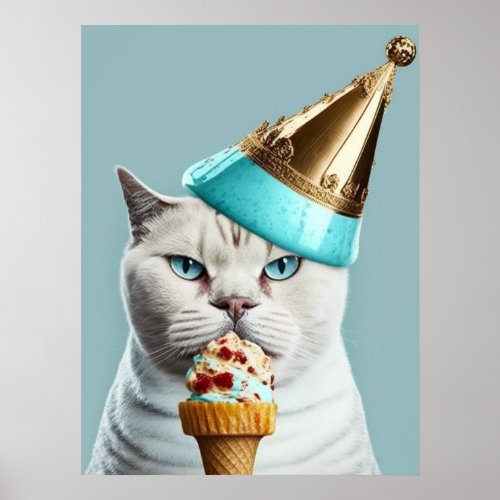  Blue Ice Cream King Cat with Gold Cone Wall Art 