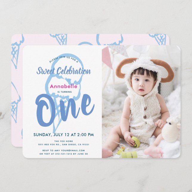 Blue Ice Cream PhotoGirl 1st Birthday Invitation (Front/Back)