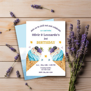 Blue Ice Cream Scoops For Two Boys Birthday Twins Invitation