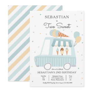 Blue Ice Cream Truck Two Sweet 2nd Birthday Party Invitation