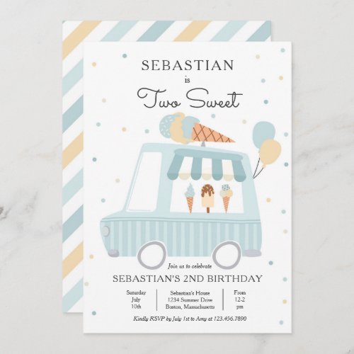Blue Ice Cream Truck Two Sweet 2nd Birthday Party Invitation