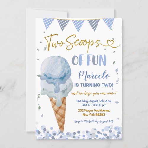 Blue Ice Cream Two Scoops Of Fun Second Birthday Invitation