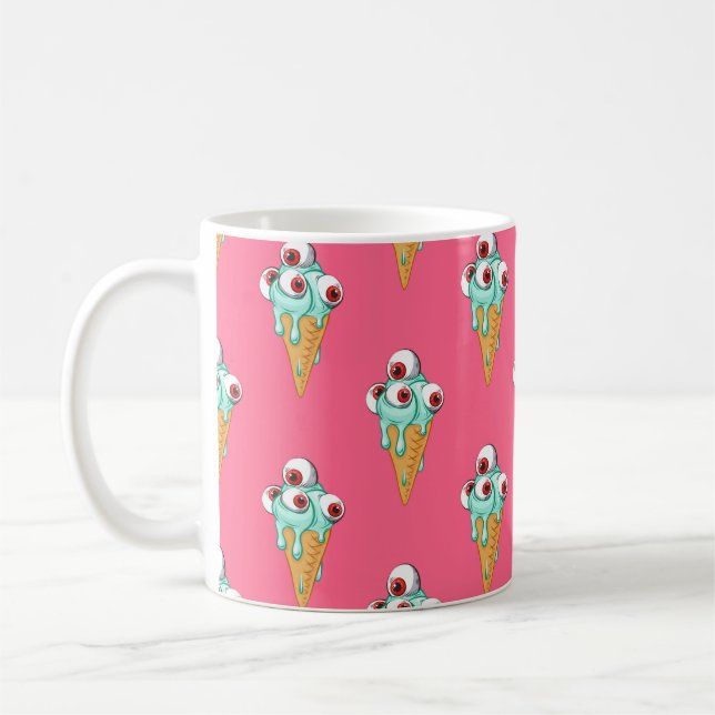 Blue ice cream with eyes. Pink background. Seamles Coffee Mug (Left)